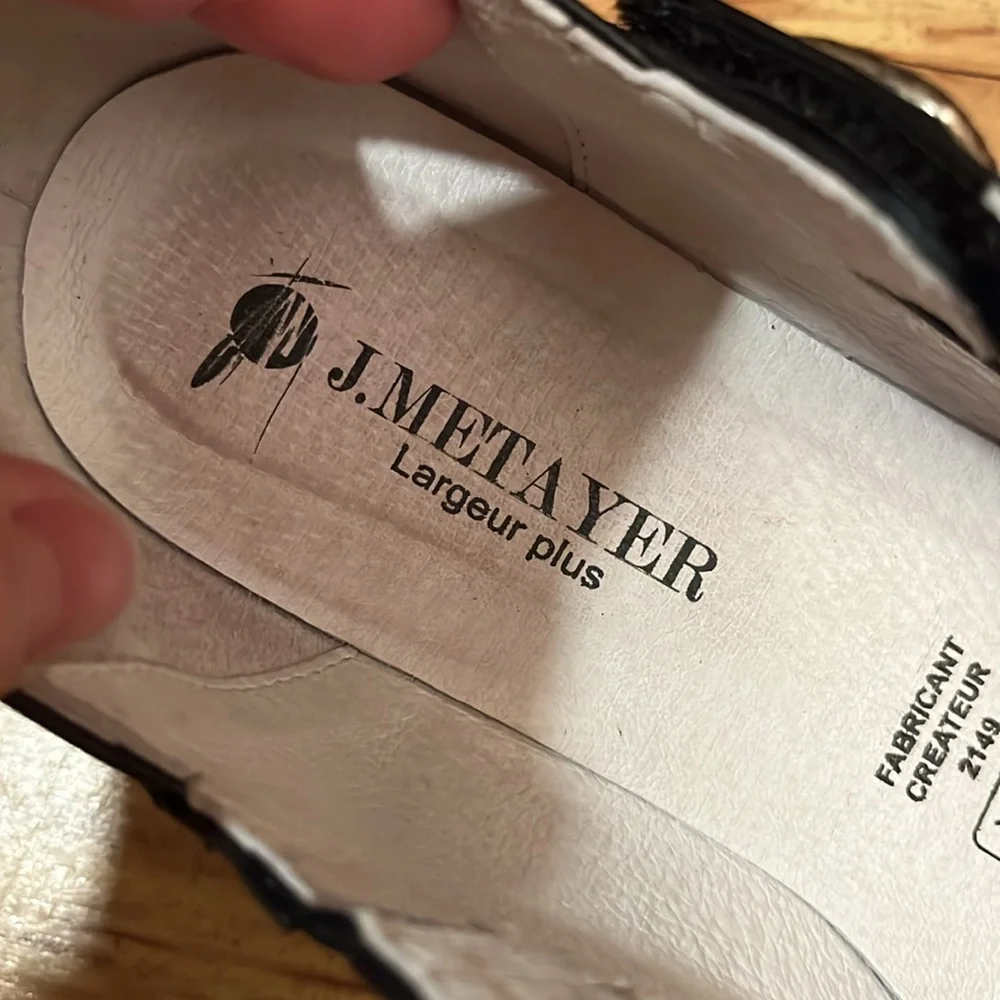 J. Metayer Mary Jane Wedge strap Leather EU Sz 39 Wide 8-1/2 black silver gold